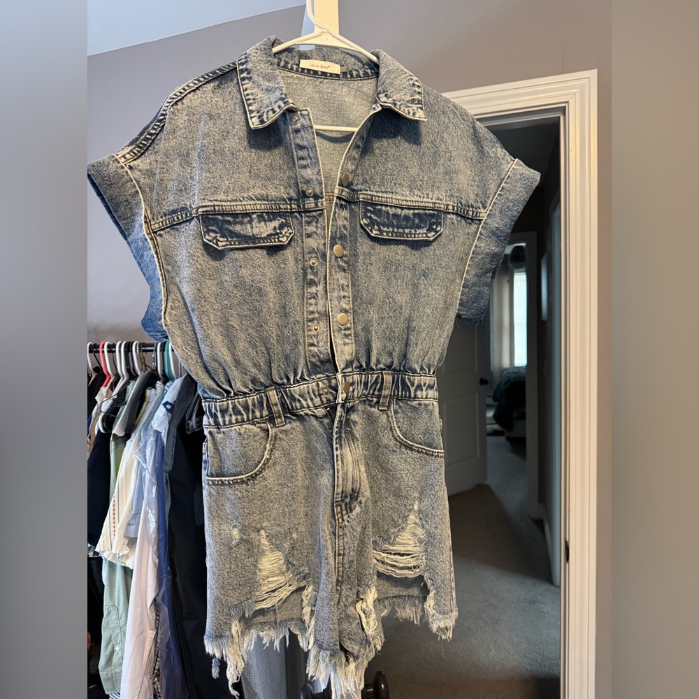 Denim Sleeveless Romper with Distressed Hem